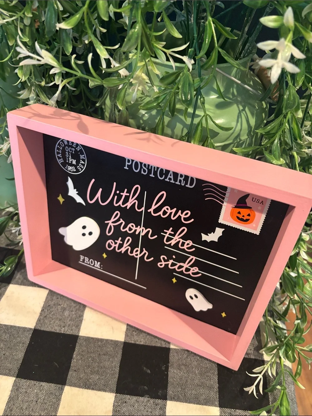 Halloween 'With Love From The Other Side' Decorative Postcard Sign - Pink Frame